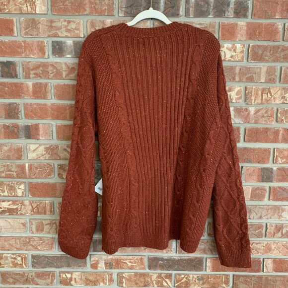 NWT Lucky Brand Men's Large Terracotta Orange Tweed Cable Knit Crewneck Sweater - Picture 3 of 14